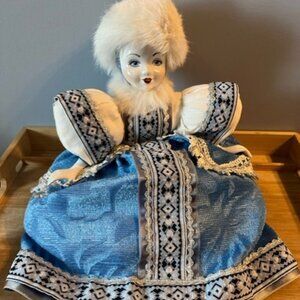 Beautiful Handmade Porcelain doll folk art dress faux fur hat